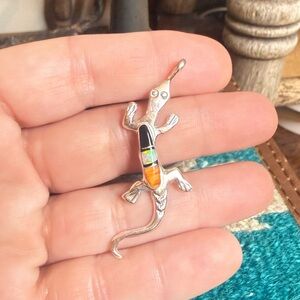 Sterling Stamped & Hallmarked Lizard Pendant (Orange spiny, opal & onyx)